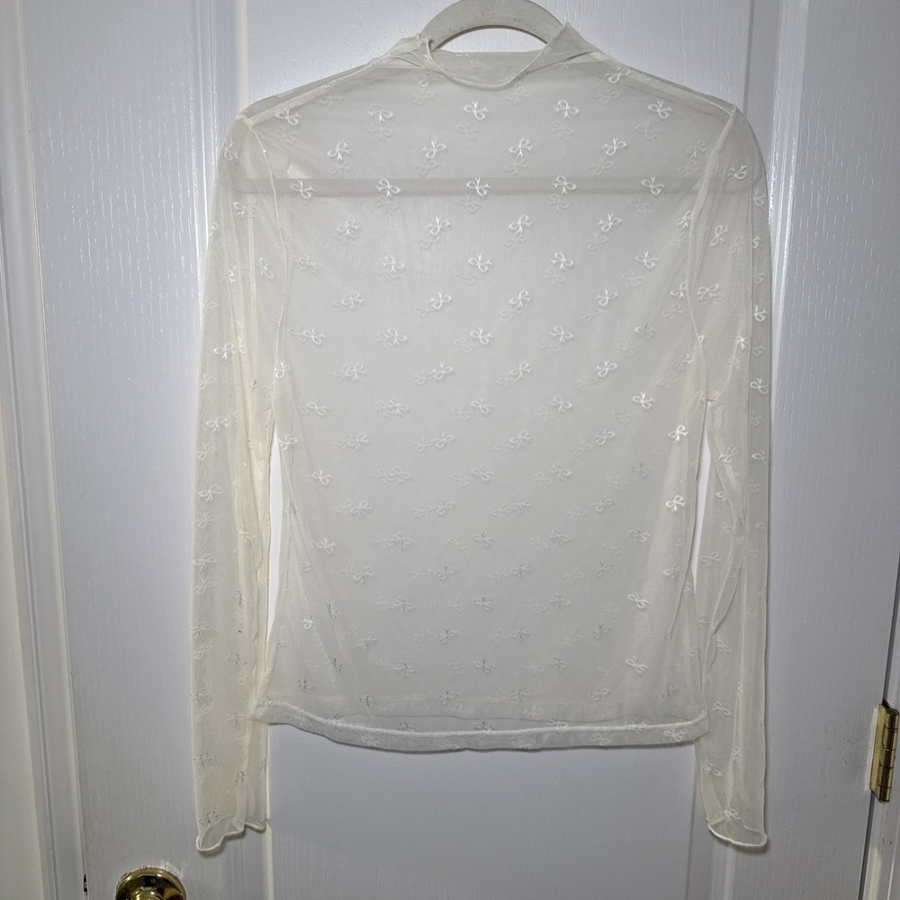 Sheer Mesh Bow Top Womens S Cream Coquette Balletcore Long Sleeve Mock Fairy